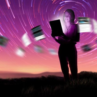 A graphic of a young woman in front of a sunset with swirling pages.